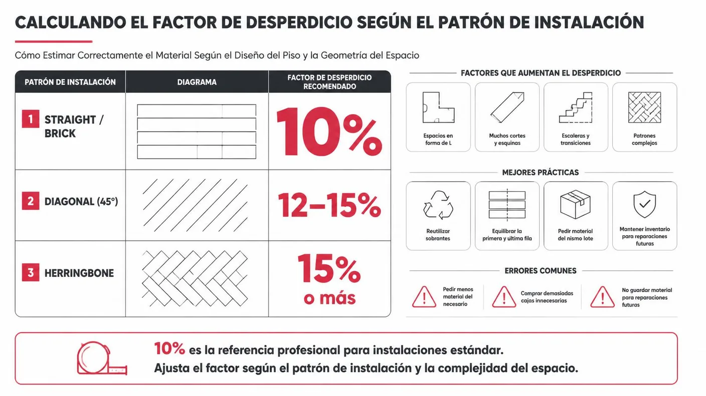 Imagen-tabla del factor de desperdicio: diez por ciento para instalación recta y un porcentaje mayor para patrones diagonales o espigado.