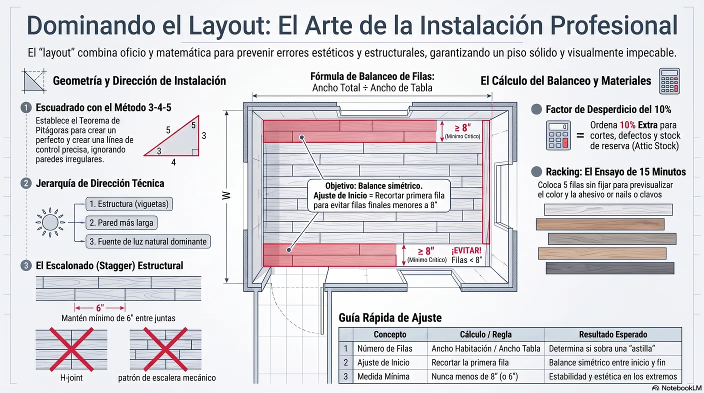 Diagrama del cálculo del número de filas dividiendo el ancho de la habitación entre el ancho de la tabla para anticipar la primera y la última fila.