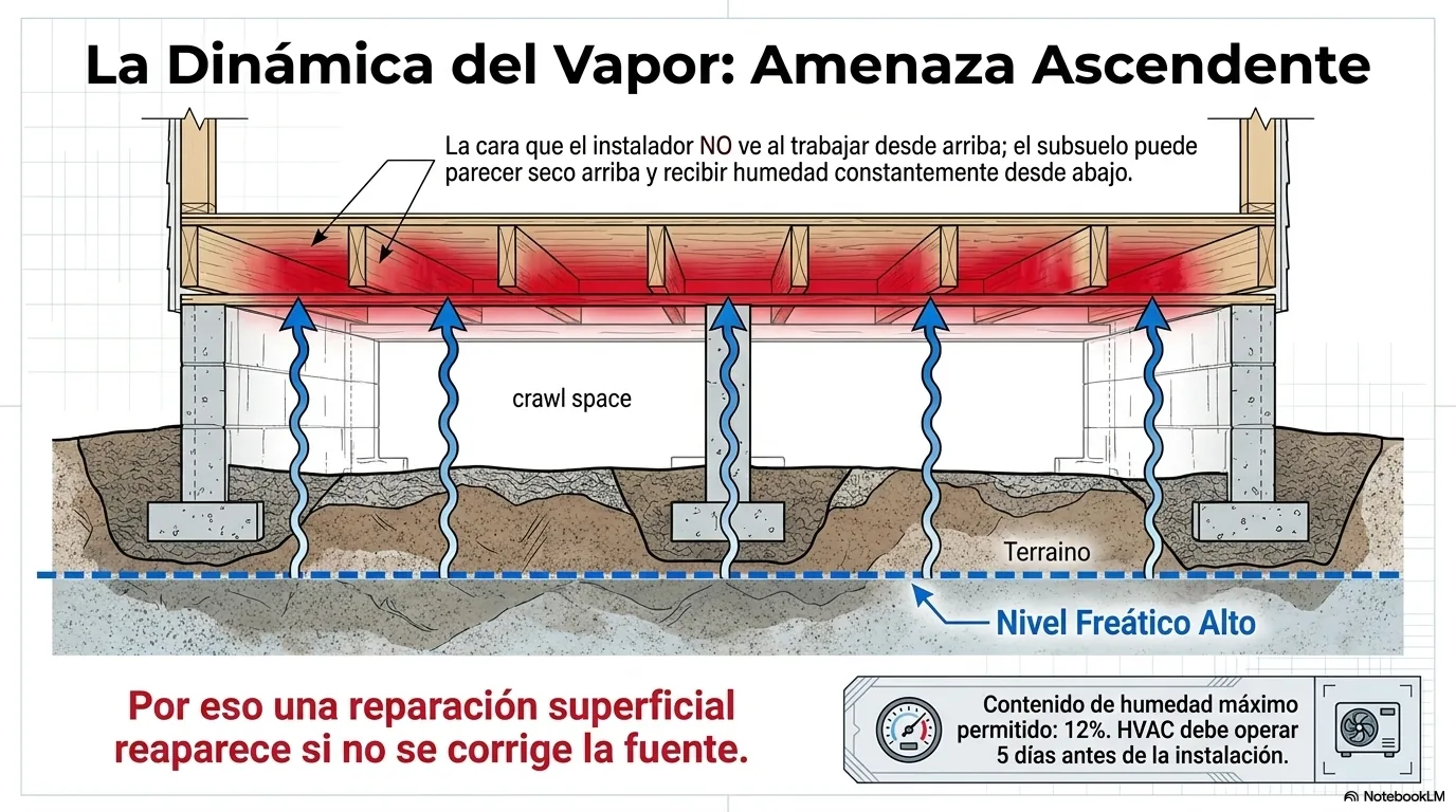 Corte de una vivienda elevada que muestra la humedad del terreno con nivel freático alto evaporándose hacia el crawl space y saturando el subsuelo de madera por su cara inferior, la cara que el instalador no inspecciona directamente al trabajar desde arriba.