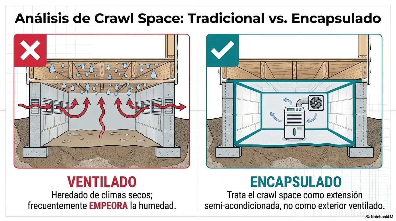 Diagrama comparativo de los dos modelos de crawl space: el ventilado tradicional, cuyas rejillas dejan entrar aire exterior húmedo que condensa dentro en el clima de Florida, y el encapsulado, que cierra las aberturas, cubre el suelo con barrera de vapor y controla la humedad.