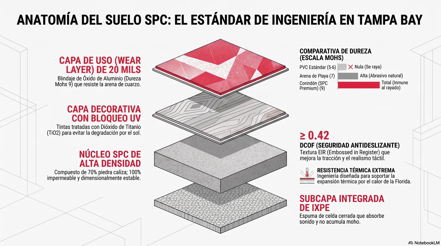 Diagrama en corte de las cuatro capas de un suelo SPC: capa de uso, capa decorativa, núcleo de composite de piedra y subcapa integrada.