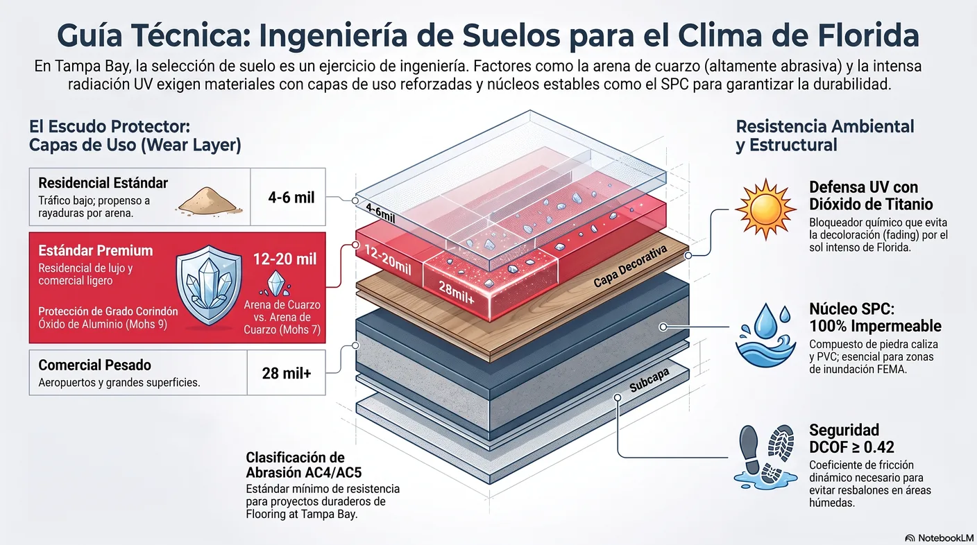 Imagen-tabla de los espesores de capa de uso en mils y su uso recomendado, con el estándar premium de Flooring at Tampa Bay resaltado.