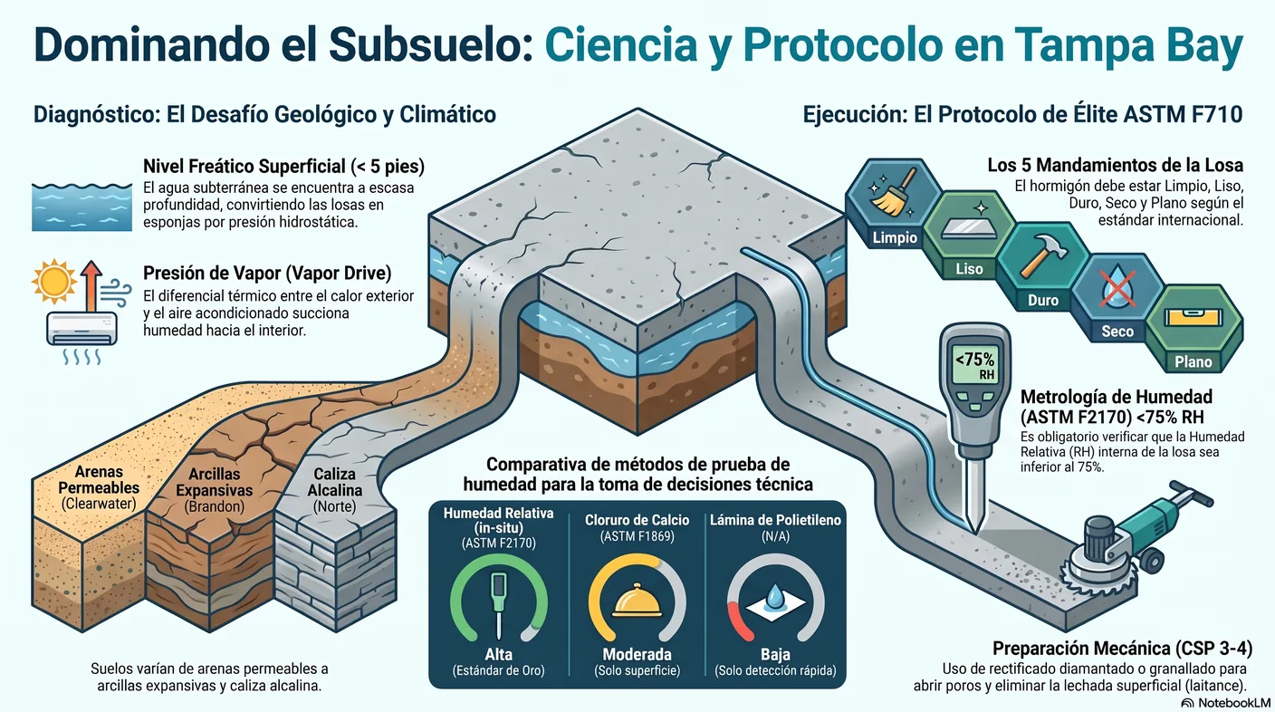 Diagrama que contrasta un imprimador que penetra y sella los poros del hormigón frente a uno que se queda en gotas sobre una superficie sellada.