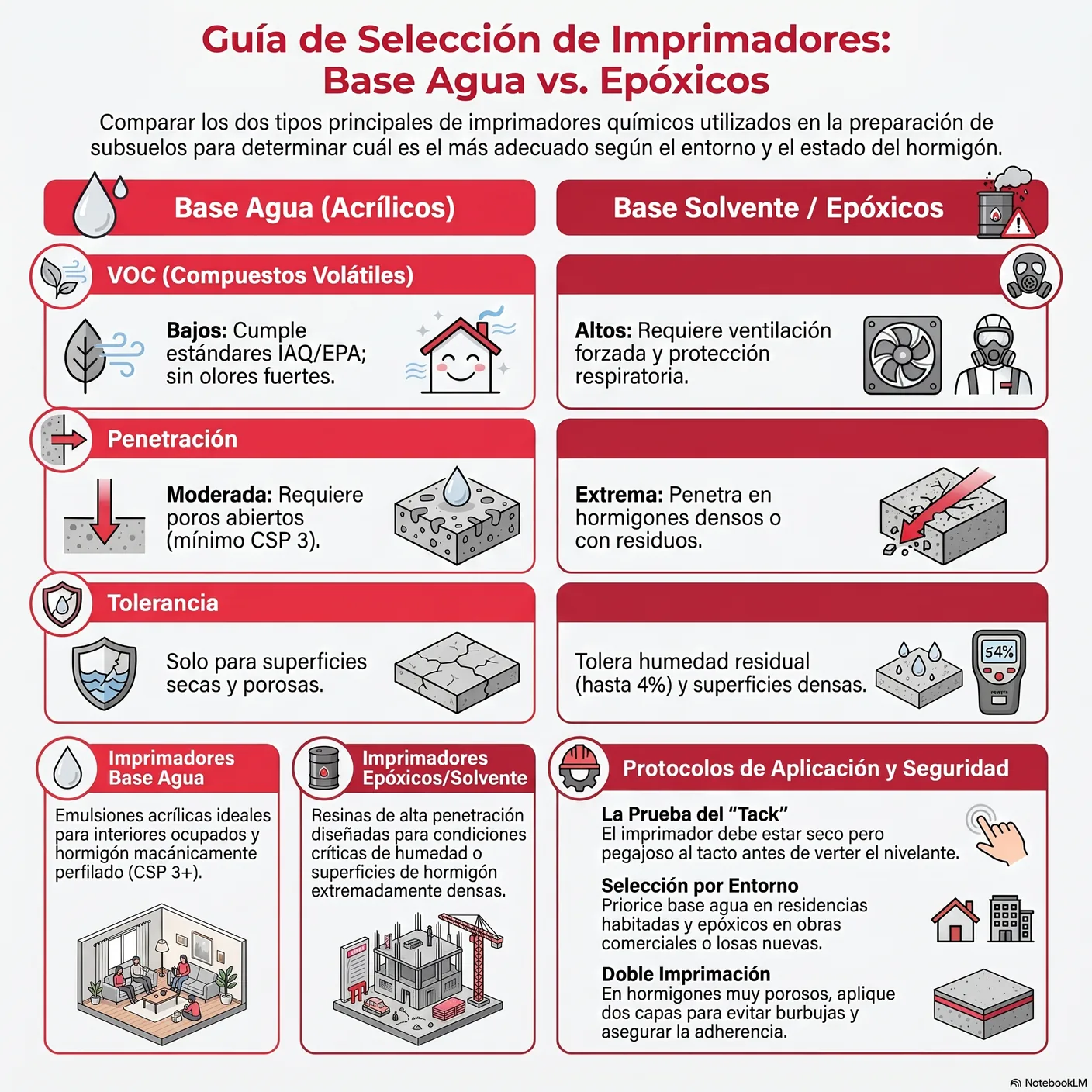 Imagen-tabla que compara imprimadores de base agua y de base solvente/epoxi en VOC, penetración, tolerancia a la humedad y uso recomendado.