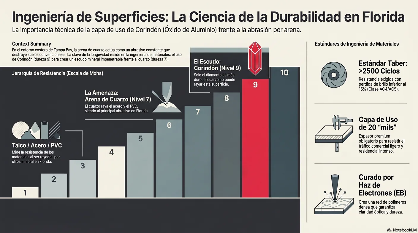 Escala de Mohs que sitúa la arena de cuarzo en 7 y el óxido de aluminio corindón en 9, mostrando por qué la arena de playa no raya la capa de uso premium.