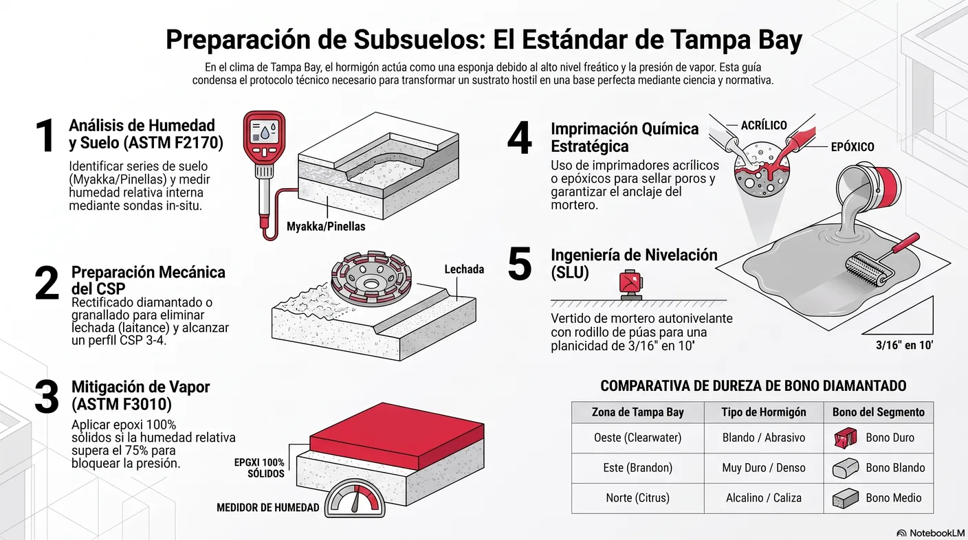 Infografía tipo póster con los cinco mandamientos del ASTM F710: limpio, liso, duro, seco y plano.