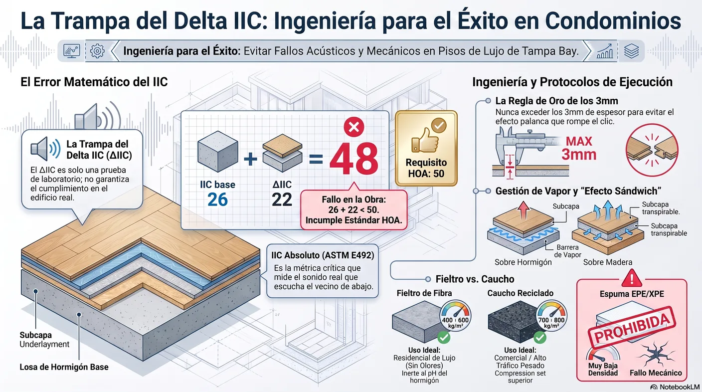 Diagrama de la trampa del Delta IIC: la losa base más la mejora de la subcapa puede quedar por debajo del IIC de campo que exige la HOA, fallando la prueba.