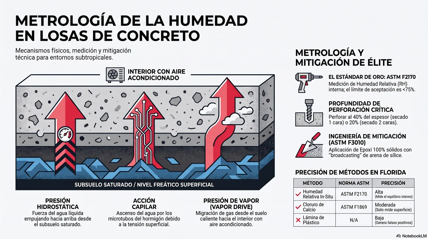 Corte de losa que ilustra los tres motores de migración de humedad: presión hidrostática, acción capilar y presión de vapor.