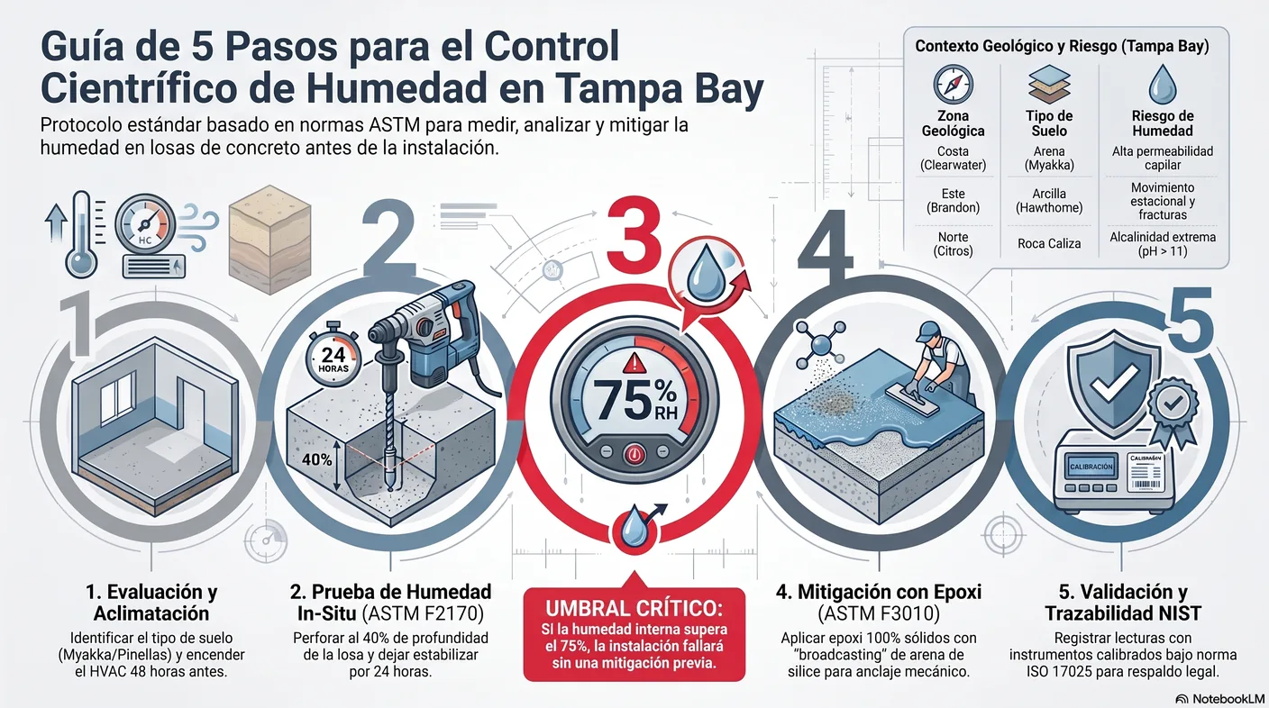 Infografía del método ASTM F2170: aclimatar, perforar al 40 por ciento, limpiar el orificio, acondicionar 24 horas y leer humedad relativa por debajo de 75 por ciento.