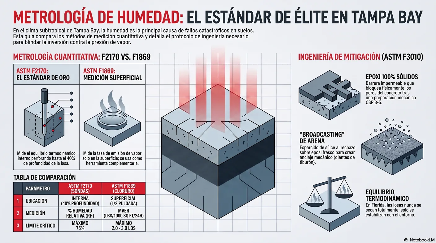 Imagen-tabla que compara las pruebas ASTM F2170 y F1869: qué mide cada una, a qué profundidad y su criterio de aceptación.