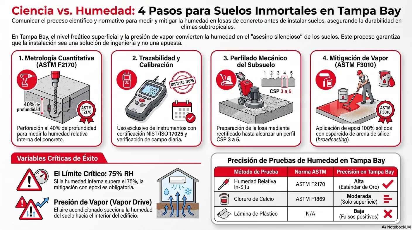 Infografía del sistema de mitigación con epoxi: perfilar la losa, primera capa, esparcir arena hasta el rechazo y sellar con la segunda capa.