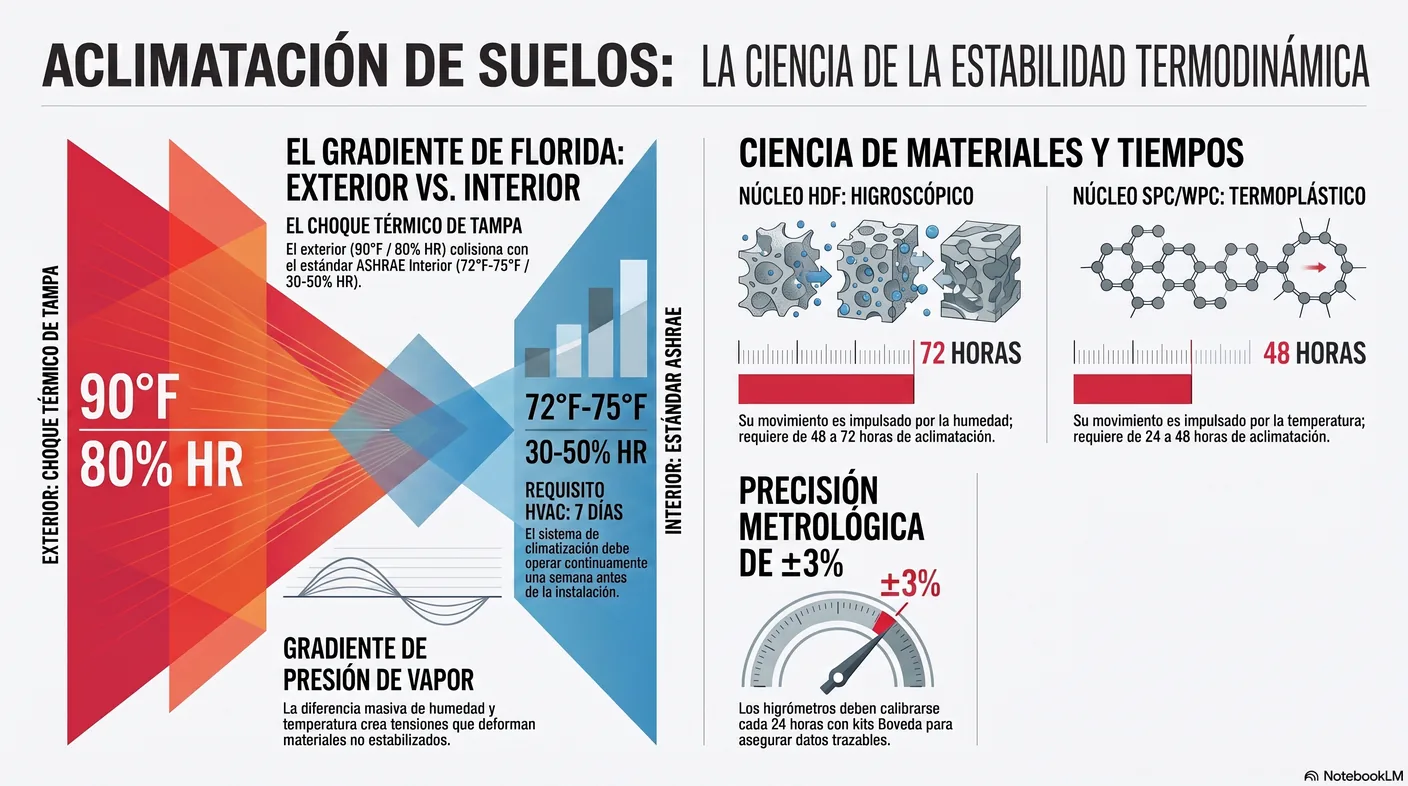 Diagrama del gradiente entre el exterior cálido y húmedo de Florida y el interior climatizado, y el estrés que ejerce sobre el material de piso sin aclimatar.