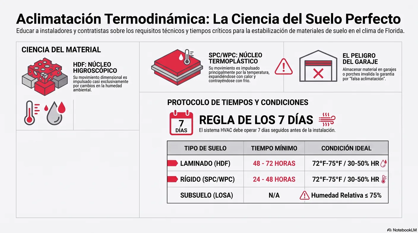 Imagen-tabla con los tiempos de aclimatación por tipo de núcleo y las condiciones ambientales y de HVAC requeridas.