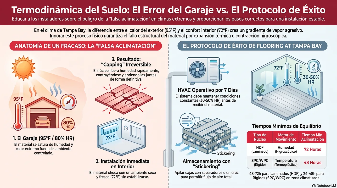 Diagrama de la falsa aclimatación: cajas dejadas en un garaje caluroso y húmedo que se saturan y luego, al instalarse en el interior seco, liberan humedad y abren las juntas.