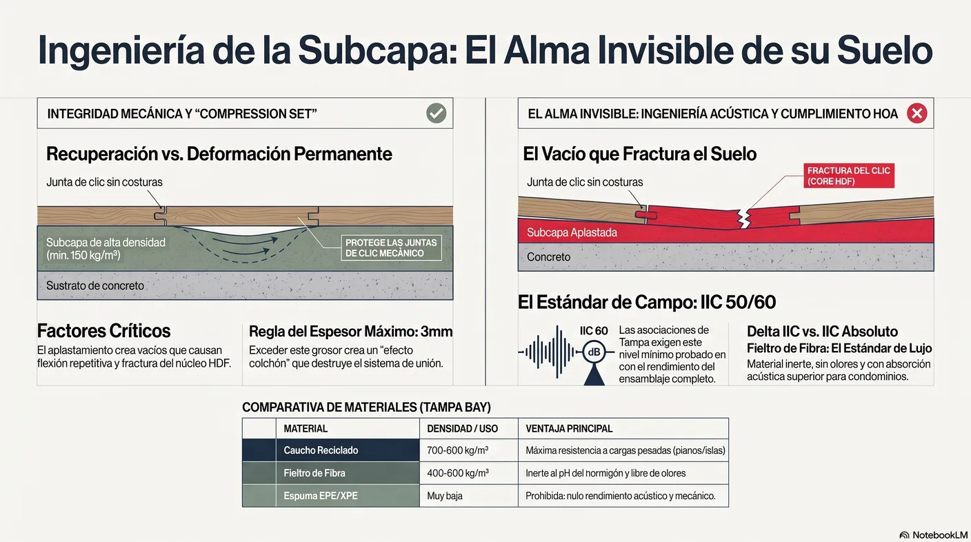 Diagrama del compression set: una subcapa que se aplasta y no recupera crea un vacío donde la tabla cae, generando estrés de cizallamiento en el clic.