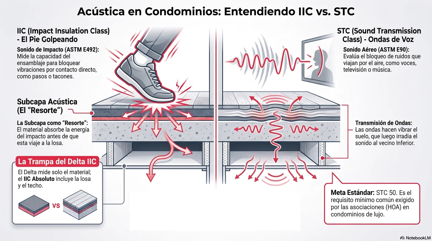 Diagrama que distingue el IIC, aislamiento de sonidos de impacto como pasos, del STC, bloqueo de sonidos aéreos como voces, en un ensamblaje de piso y techo.