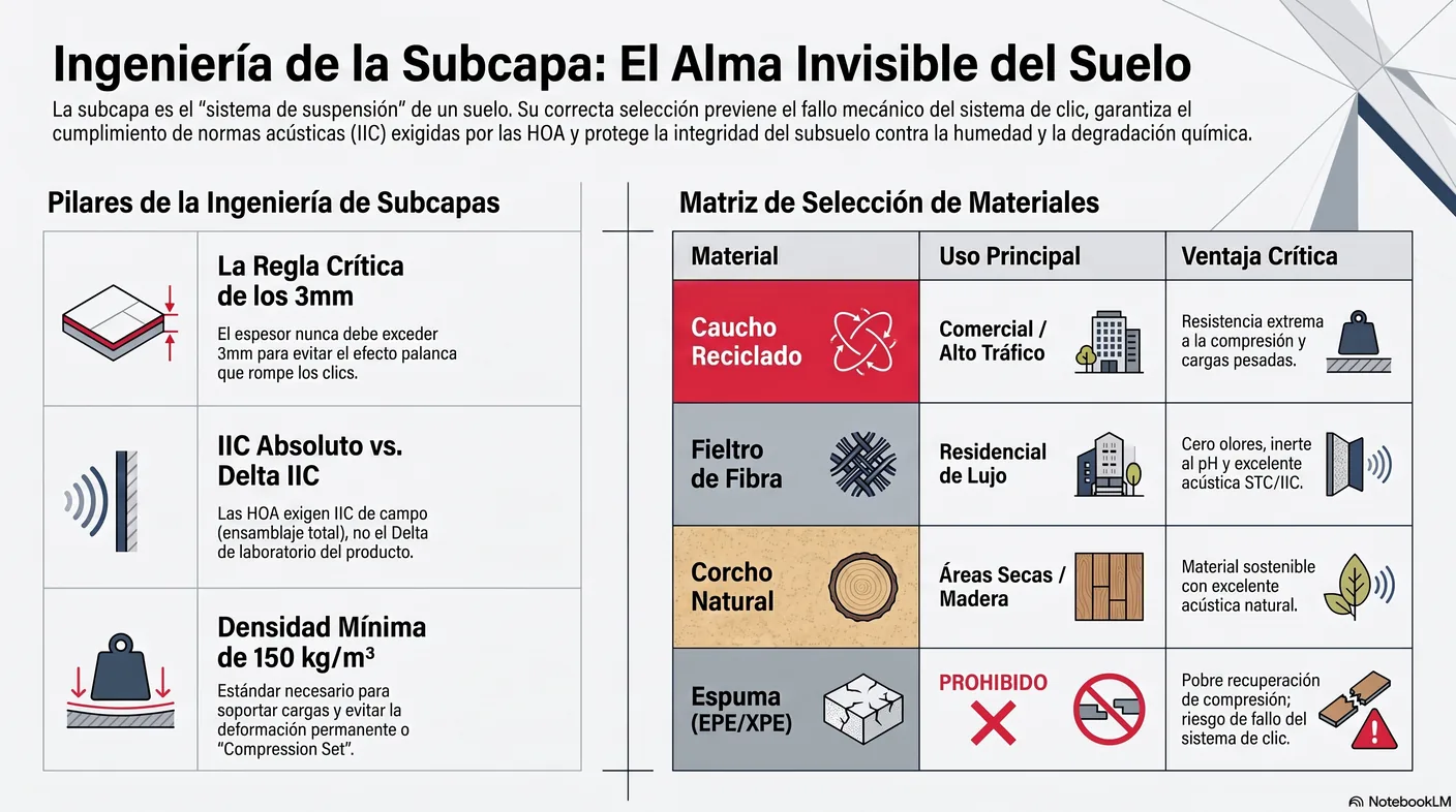 Imagen-tabla de materiales de subcapa: espuma de polietileno prohibida, corcho con reservas, caucho reciclado como estándar de oro y fieltro de fibra de alta densidad.
