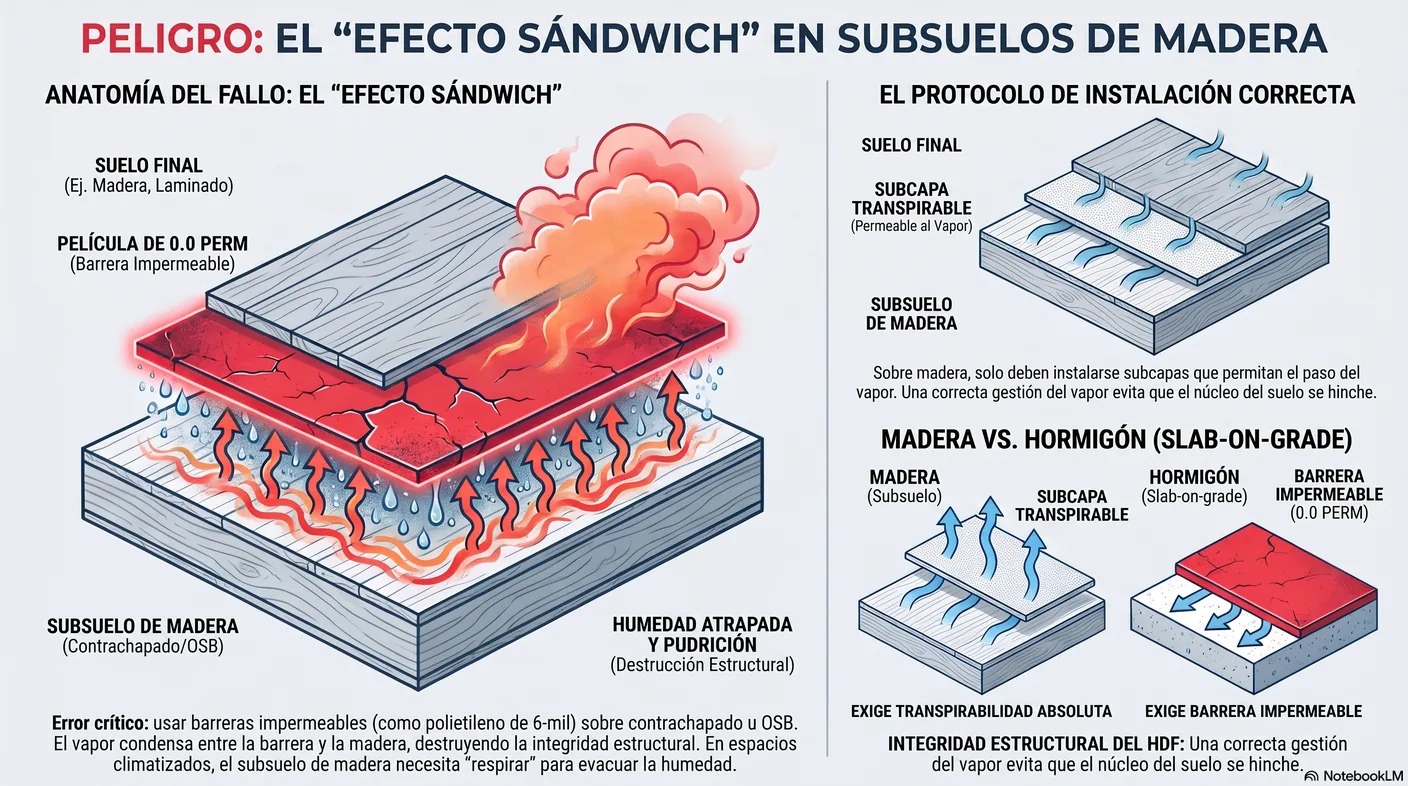 Diagrama del efecto sándwich: una barrera de vapor impermeable sobre un subsuelo de madera atrapa la humedad, que se condensa y pudre la madera.