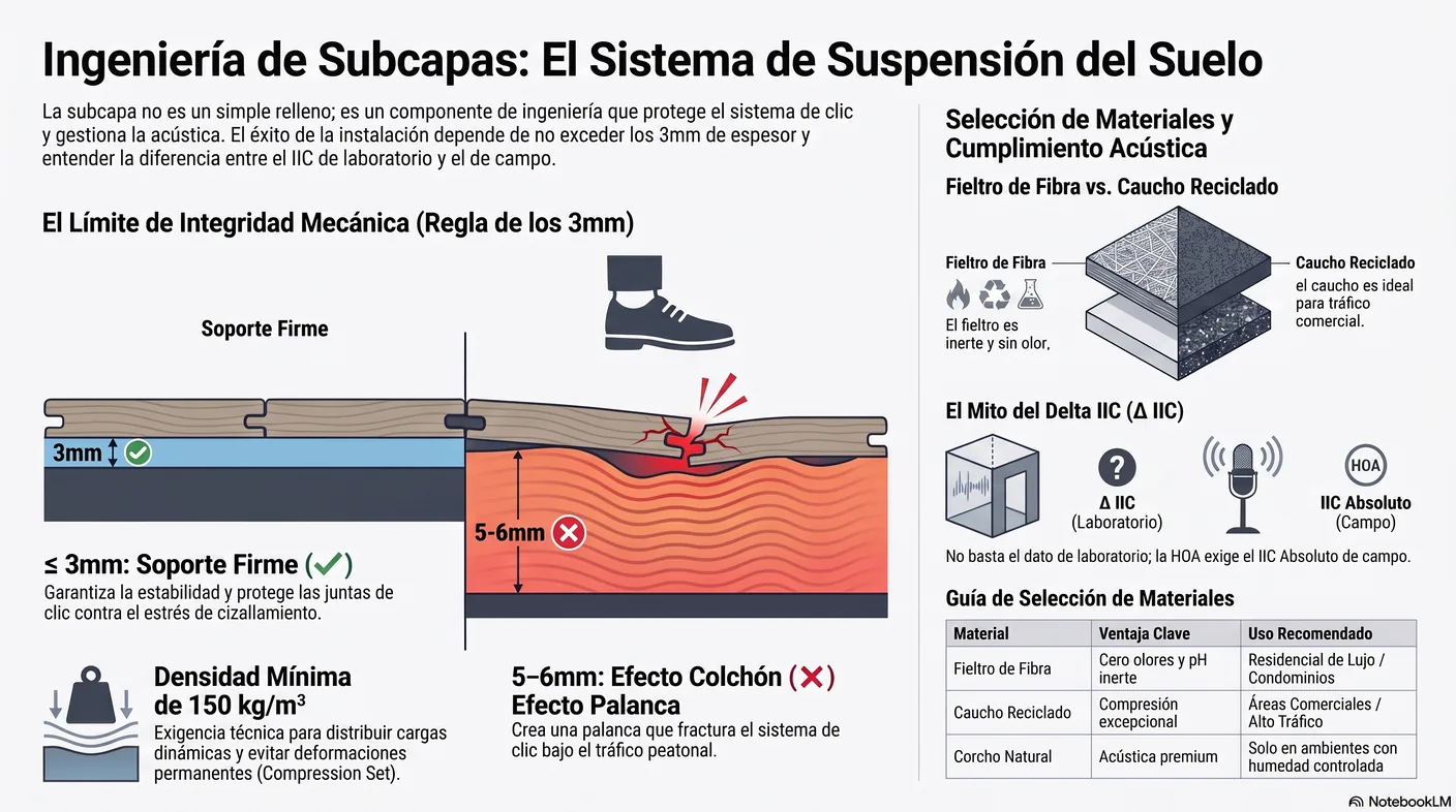 Diagrama que muestra cómo una subcapa demasiado gruesa actúa como colchón y crea un efecto palanca que desancla el sistema de clic.