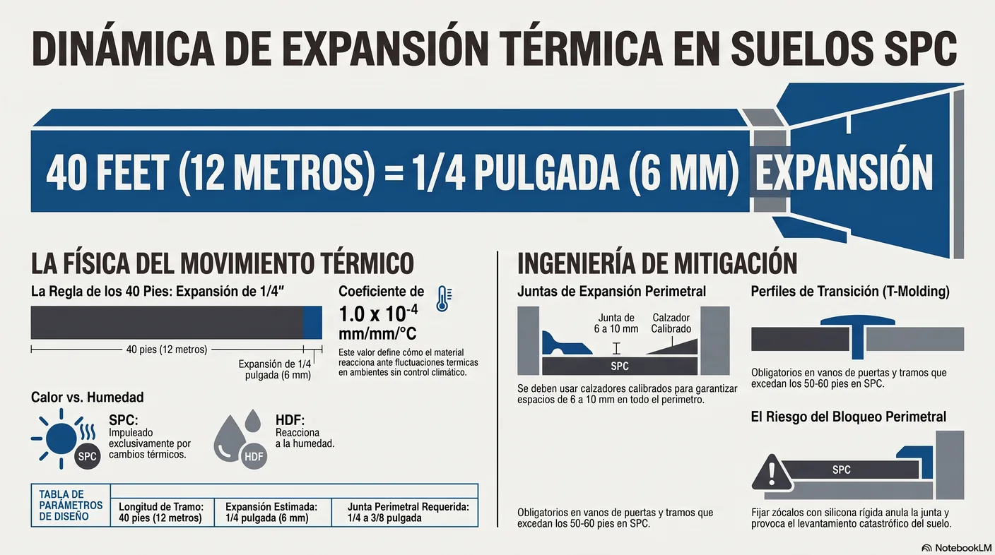 Diagrama que cuantifica la expansión: el HDF se mueve por humedad y el SPC por temperatura, con un tramo de 40 pies de SPC que se expande un cuarto de pulgada al calentarse.