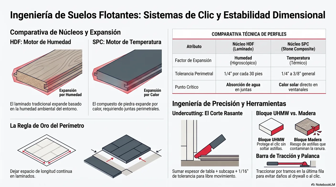 Diagrama de los perfiles de transición —T-molding, reductor y nariz de escalón— con su corte y cuándo se usa cada uno.