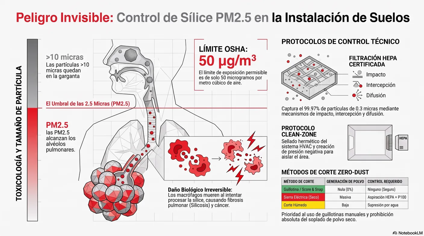 Diagrama que muestra cómo las partículas de sílice menores a 2,5 micras penetran hasta los alvéolos pulmonares, donde causan fibrosis irreversible.