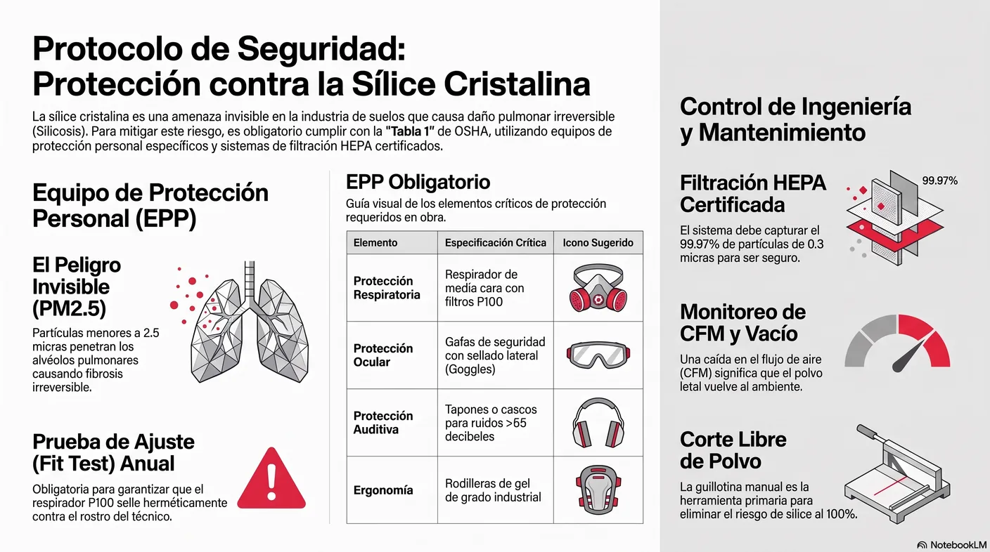 Imagen-tabla del equipo de protección personal requerido: respirador de media cara con filtros P100, protección auditiva, ocular sellada y rodilleras.