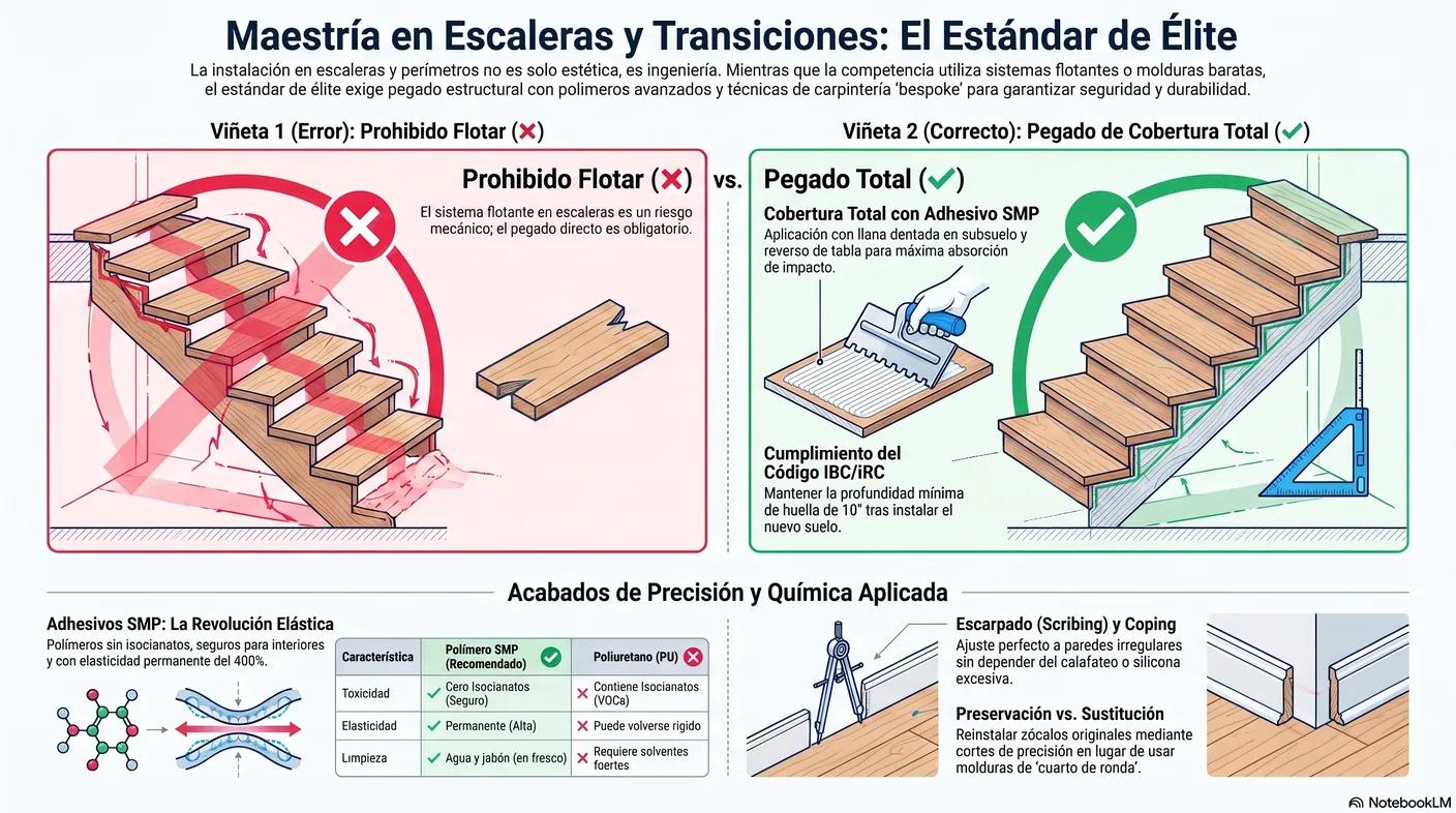 Diagrama que muestra por qué en escaleras se prohíbe flotar y se exige pegado directo en cobertura total con adhesivo aplicado al subsuelo y al reverso de la tabla.