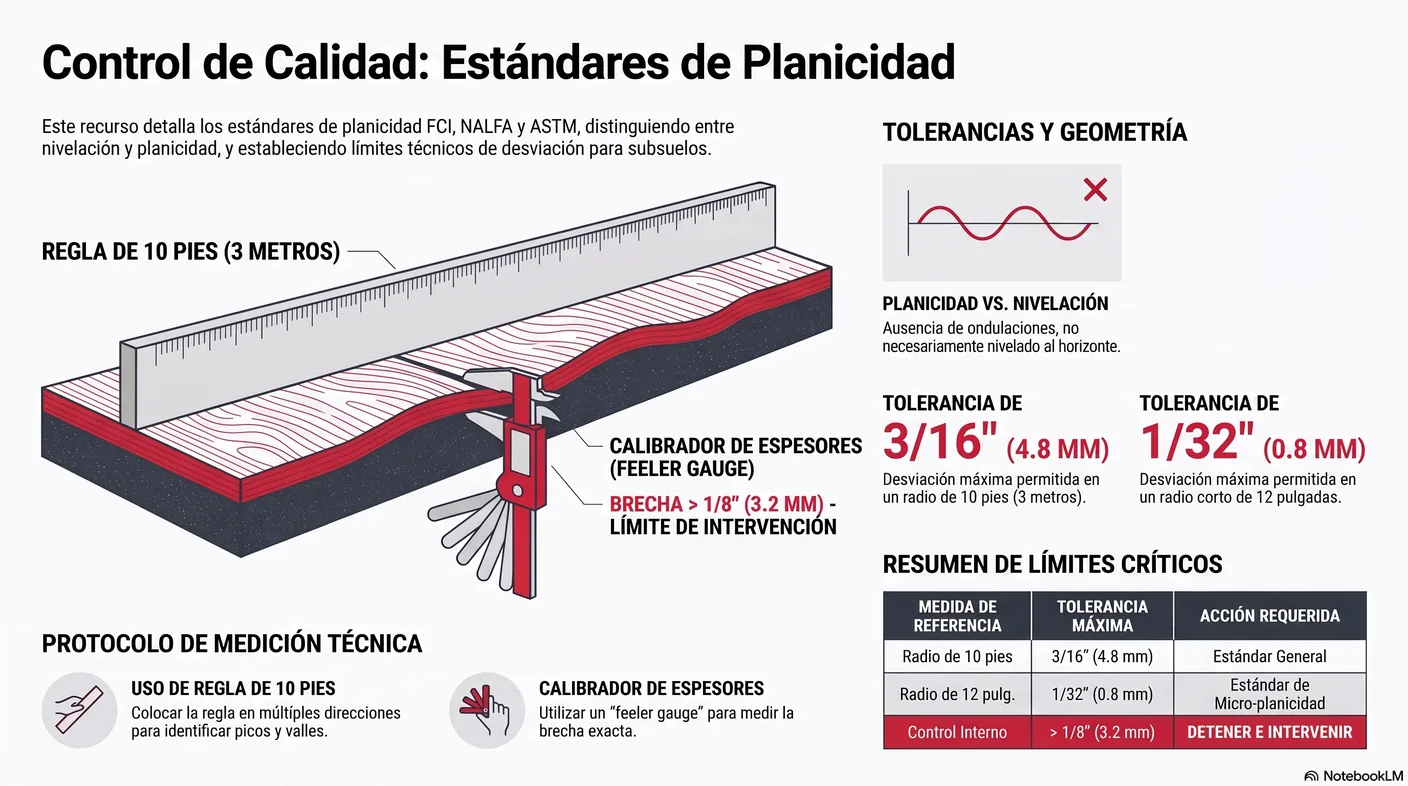 Diagrama de la tolerancia de planicidad: una regla de diez pies sobre el piso y un calibrador de espesores midiendo la brecha máxima de tres dieciseisavos de pulgada.