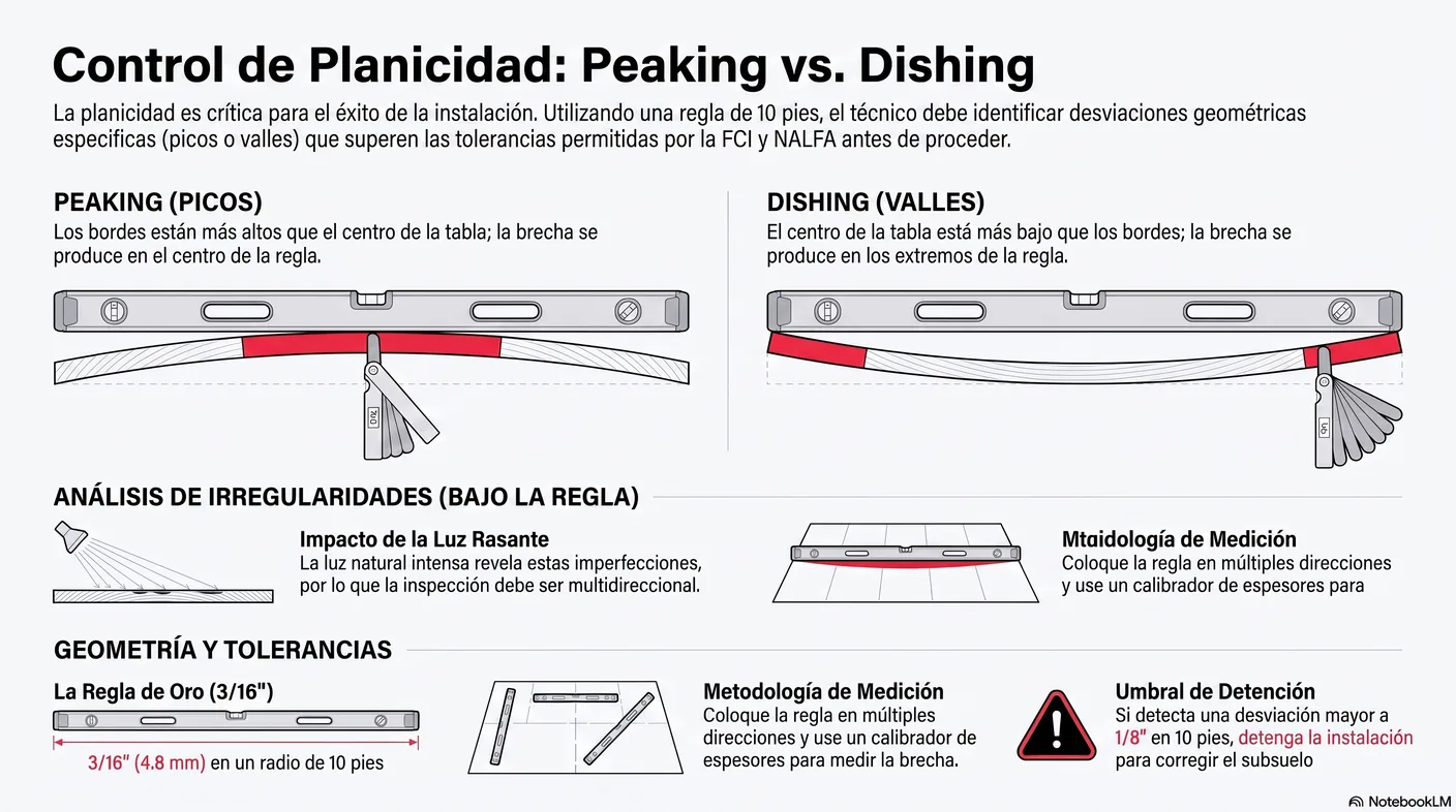 Diagrama que distingue un pico, con los bordes más altos que el centro, de un valle, con el centro más bajo que los bordes, bajo la regla de planicidad.
