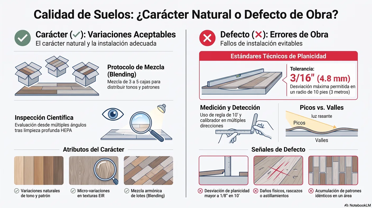 Imagen-tabla que separa las variaciones naturales aceptables, como el tono entre tablas y la textura EIR, de los defectos reales que sí se corrigen.
