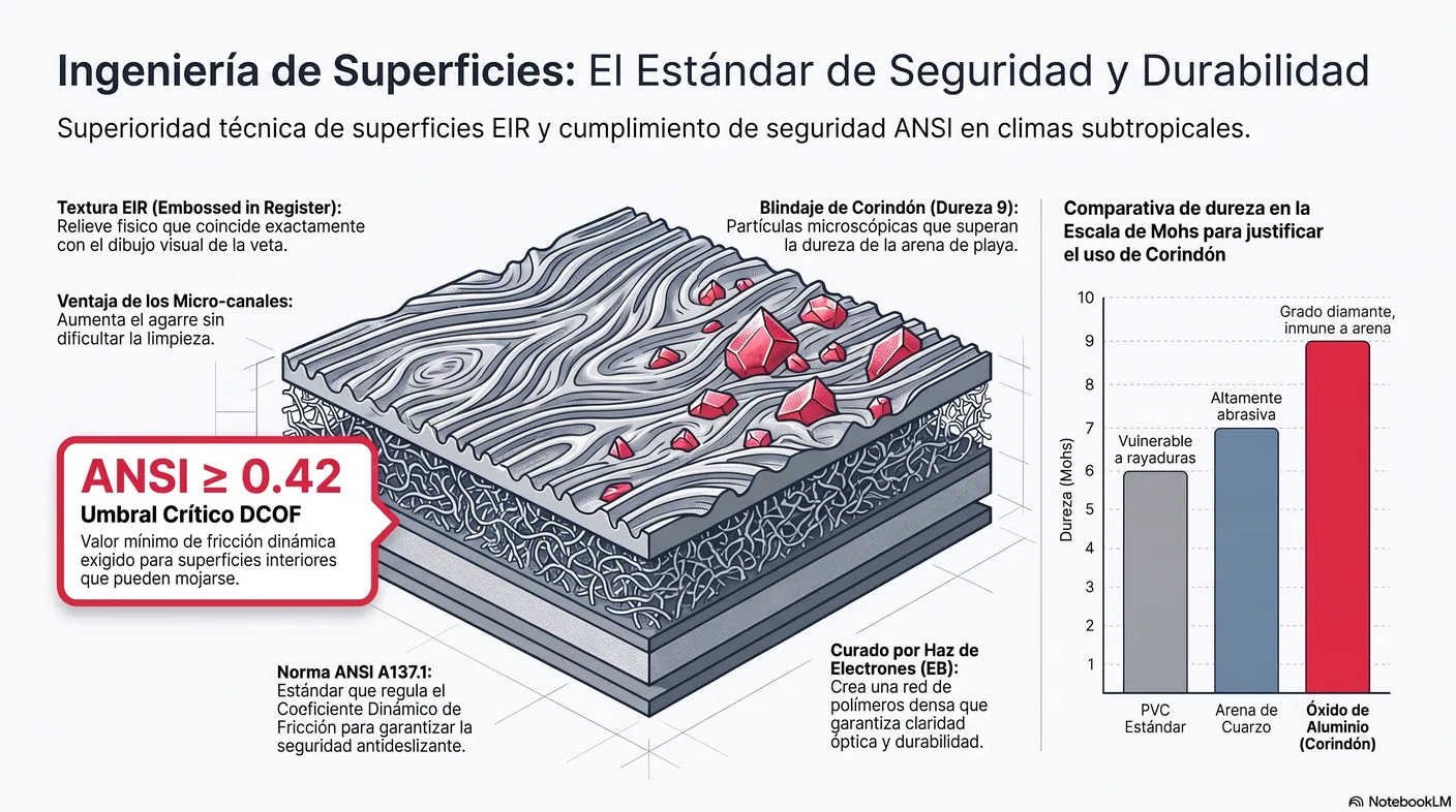 Diagrama que muestra cómo los micro-canales de la textura EIR aumentan el coeficiente dinámico de fricción por encima del umbral de seguridad de 0,42.