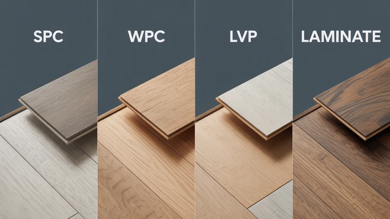 Muestras de suelo SPC, WPC y laminado dispuestas lado a lado para comparar acabado y construcción.