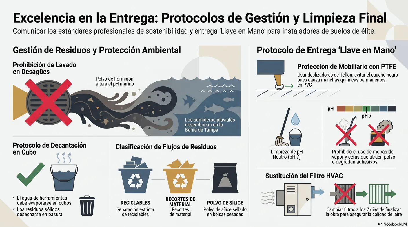 Diagrama que muestra que los desagües pluviales desembocan directo en la bahía de Tampa, por lo que el agua de limpieza debe decantarse en un cubo, no verterse en la calle.