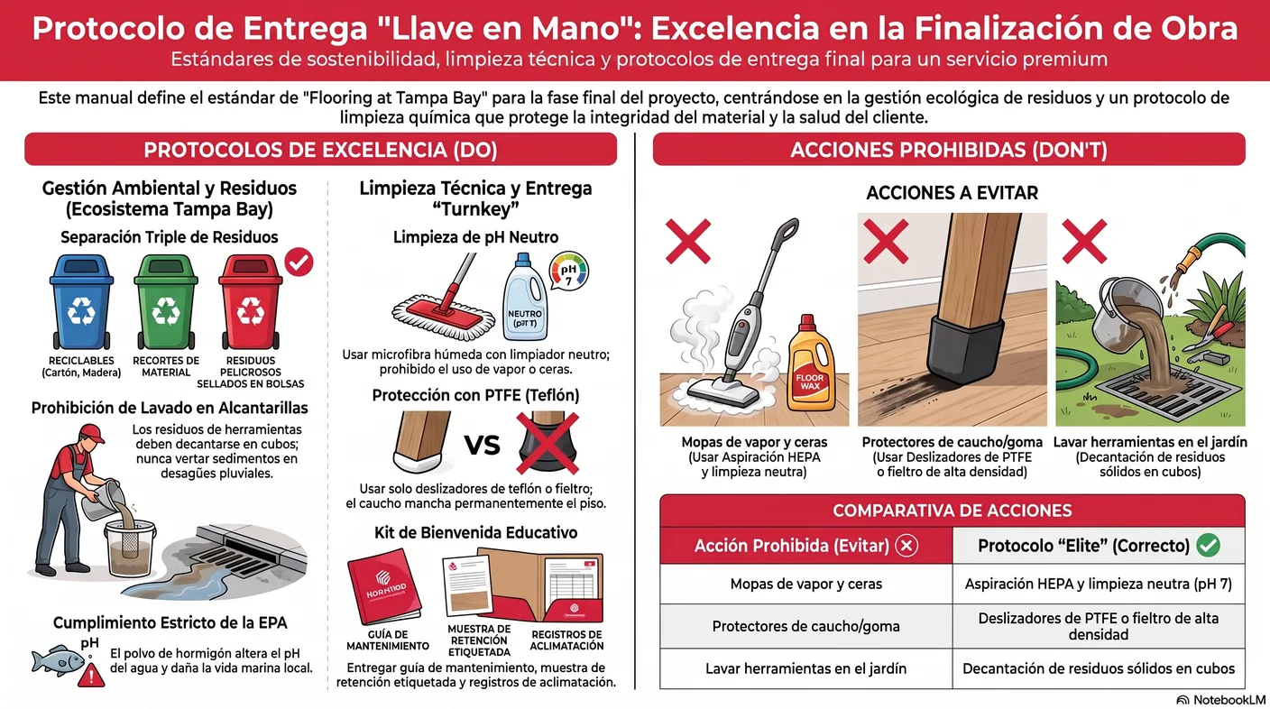 Imagen-tabla que contrasta lo prohibido en limpieza —vapor, abrasivos, ceras— con el protocolo correcto de paño de microfibra y limpiador de pH neutro.