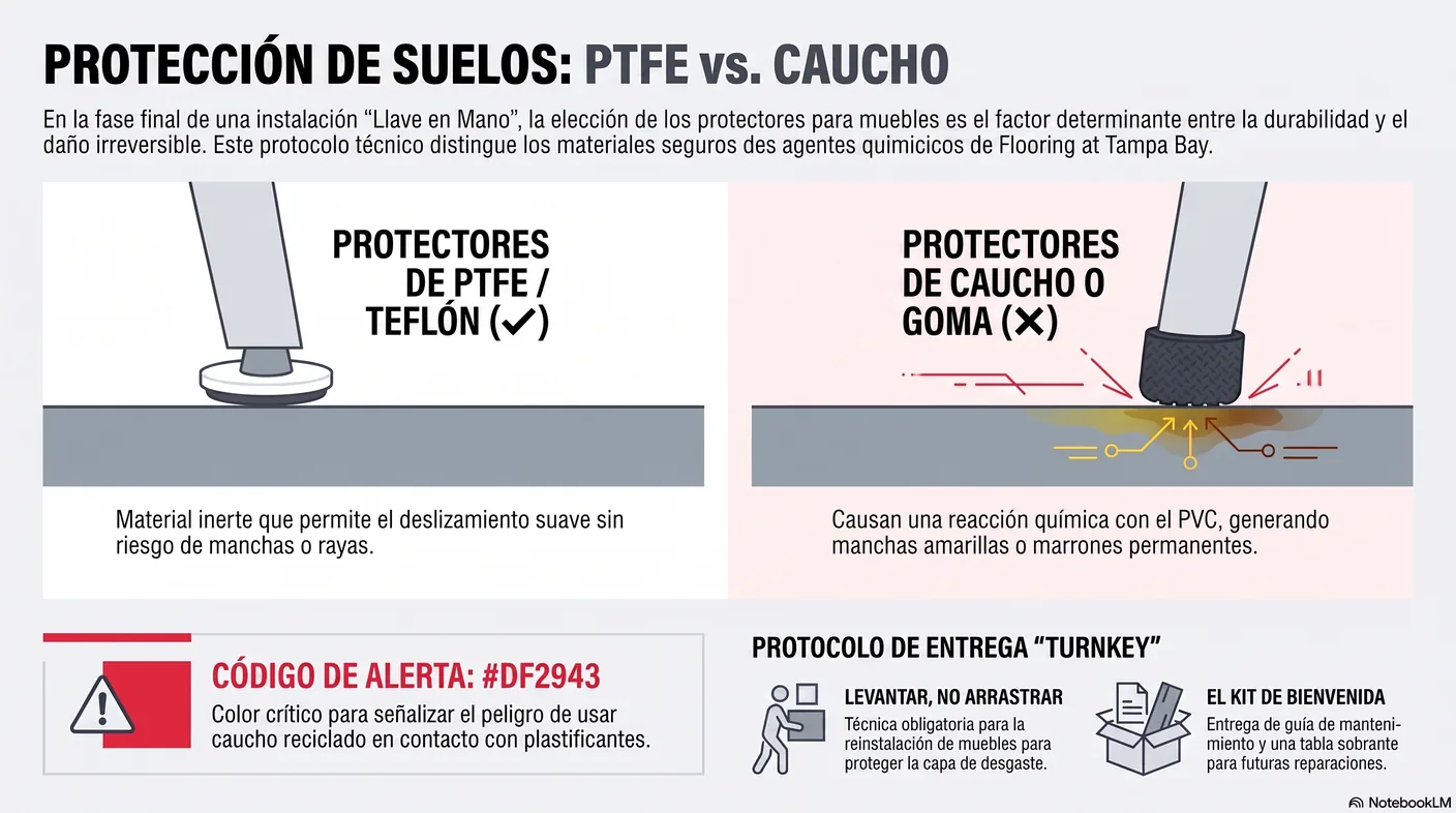 Diagrama que contrasta los protectores de PTFE o fieltro, seguros, con los protectores de caucho negro, que manchan el piso de vinilo de forma permanente.