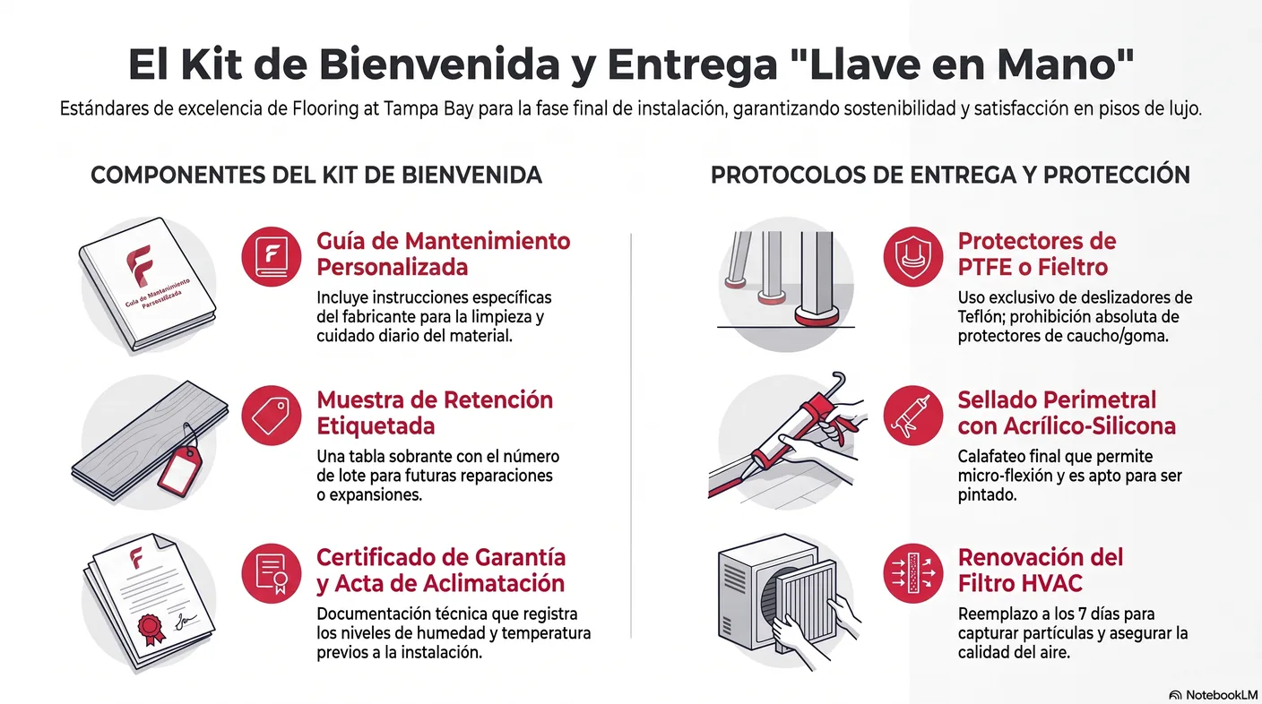 Infografía del kit de bienvenida que se entrega al cliente: guía de mantenimiento, tabla de retención etiquetada, certificados y recordatorio del filtro HVAC.