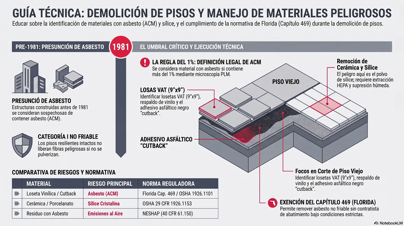 Diagrama que marca 1981 como año de corte y señala dónde puede haber asbesto: losetas de vinilo, respaldo de láminas y el adhesivo negro cutback.