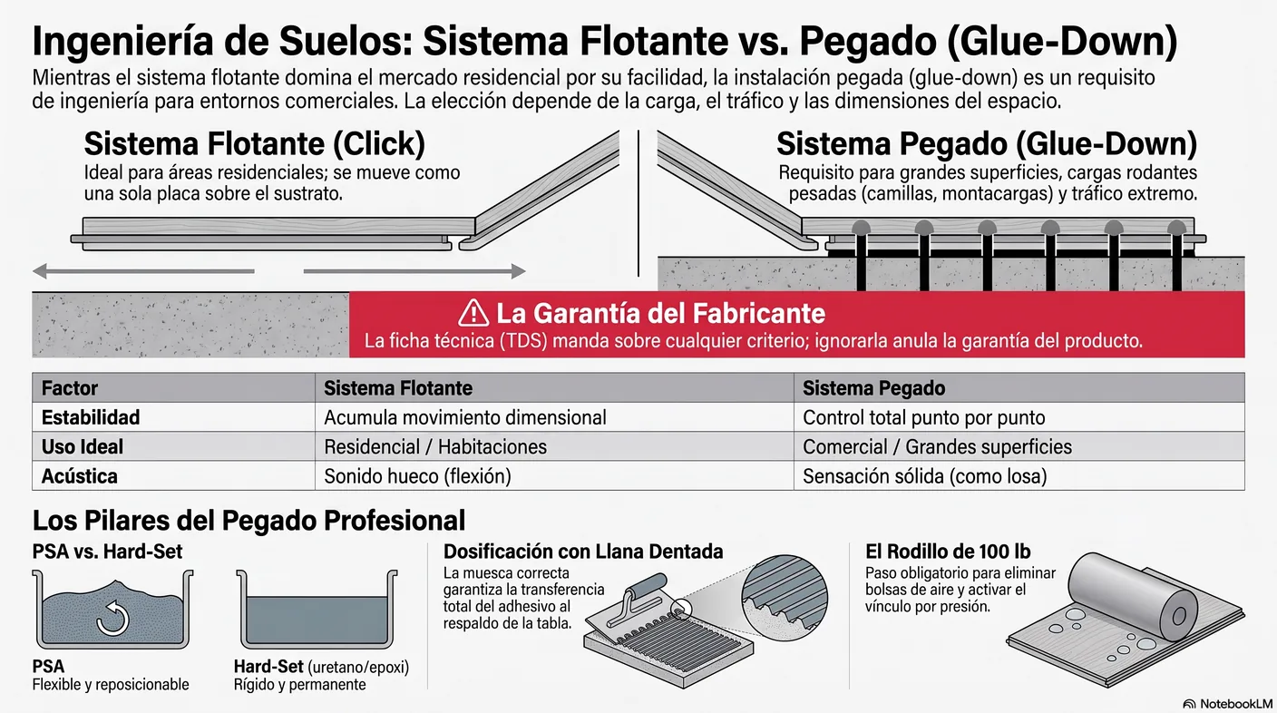 Diagrama que contrasta el piso flotante, que descansa y se mueve como una placa, con el piso pegado, que se adhiere punto por punto y se vuelve parte del subsuelo.
