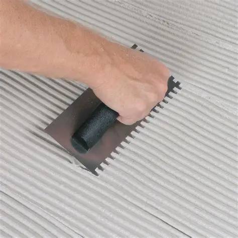 Aplicación de adhesivo sobre el subsuelo con una llana dentada en cobertura total antes de colocar las tablas.