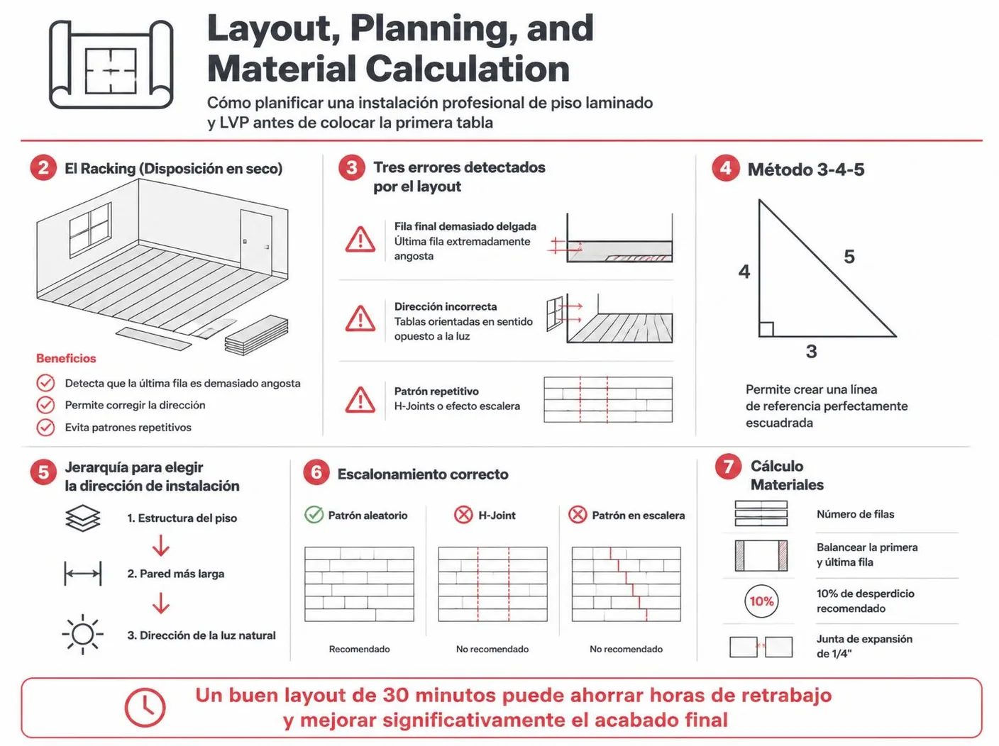 Diagrama del racking: colocar cuatro o cinco filas sin fijar para previsualizar y evitar la última fila en astilla, la dirección equivocada y el patrón antinatural.