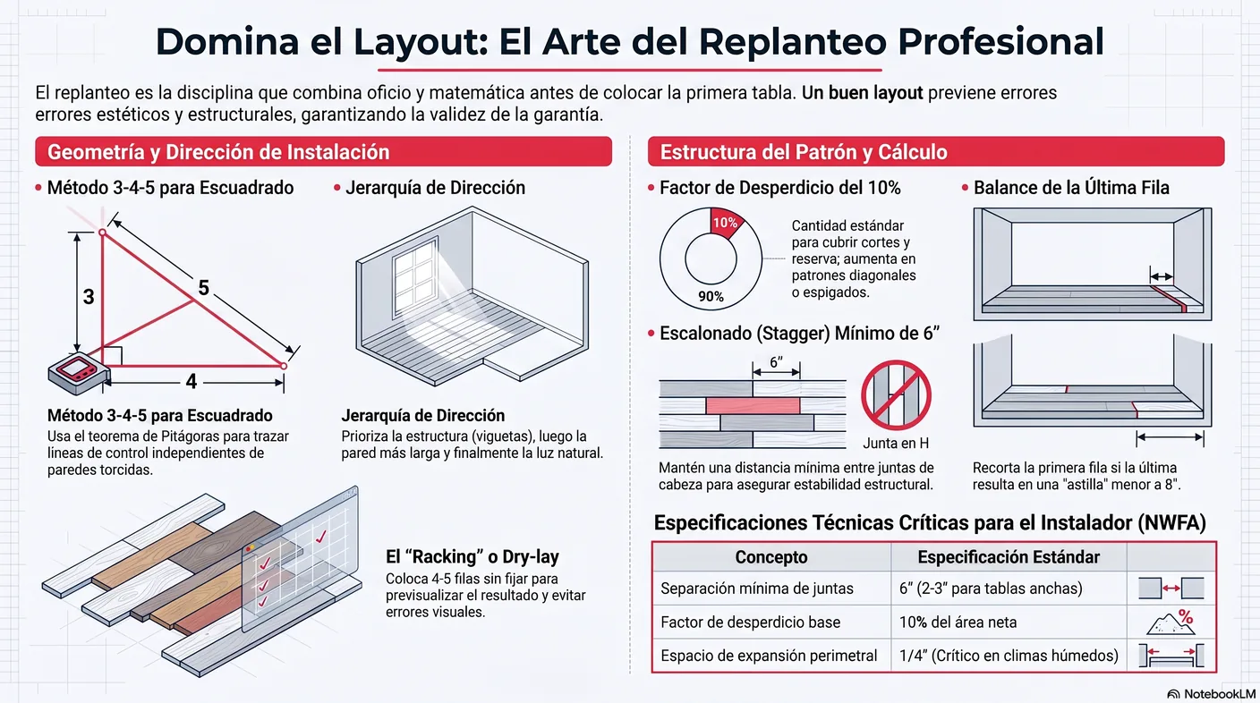 Infografía de la jerarquía de dirección: primero el factor estructural, luego la pared más larga y la línea de visión, y por último la luz natural.