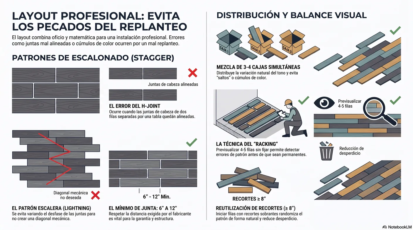 Diagrama de los errores de escalonado a evitar: las juntas en H, el patrón escalera y los cúmulos de color por instalar caja por caja.