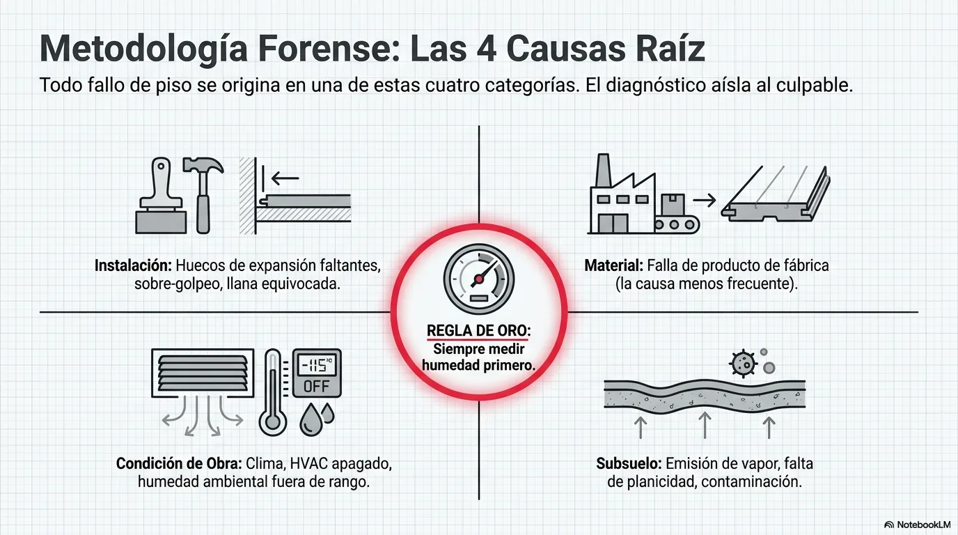 Infografía de las cuatro causas raíz de una falla de piso —instalación, material, condición de obra y subsuelo— con la regla de medir la humedad primero.