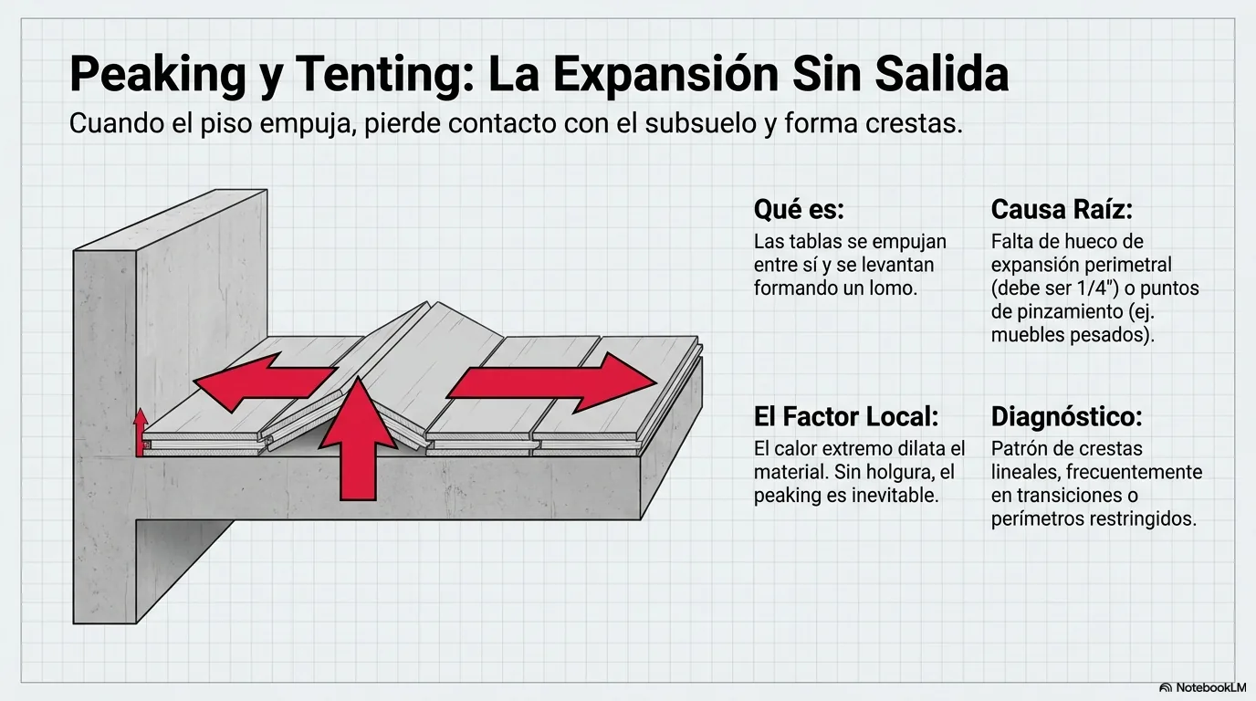 Diagrama del mecanismo del peaking: las tablas se expanden, no tienen hueco perimetral y se levantan formando una cresta o carpa.