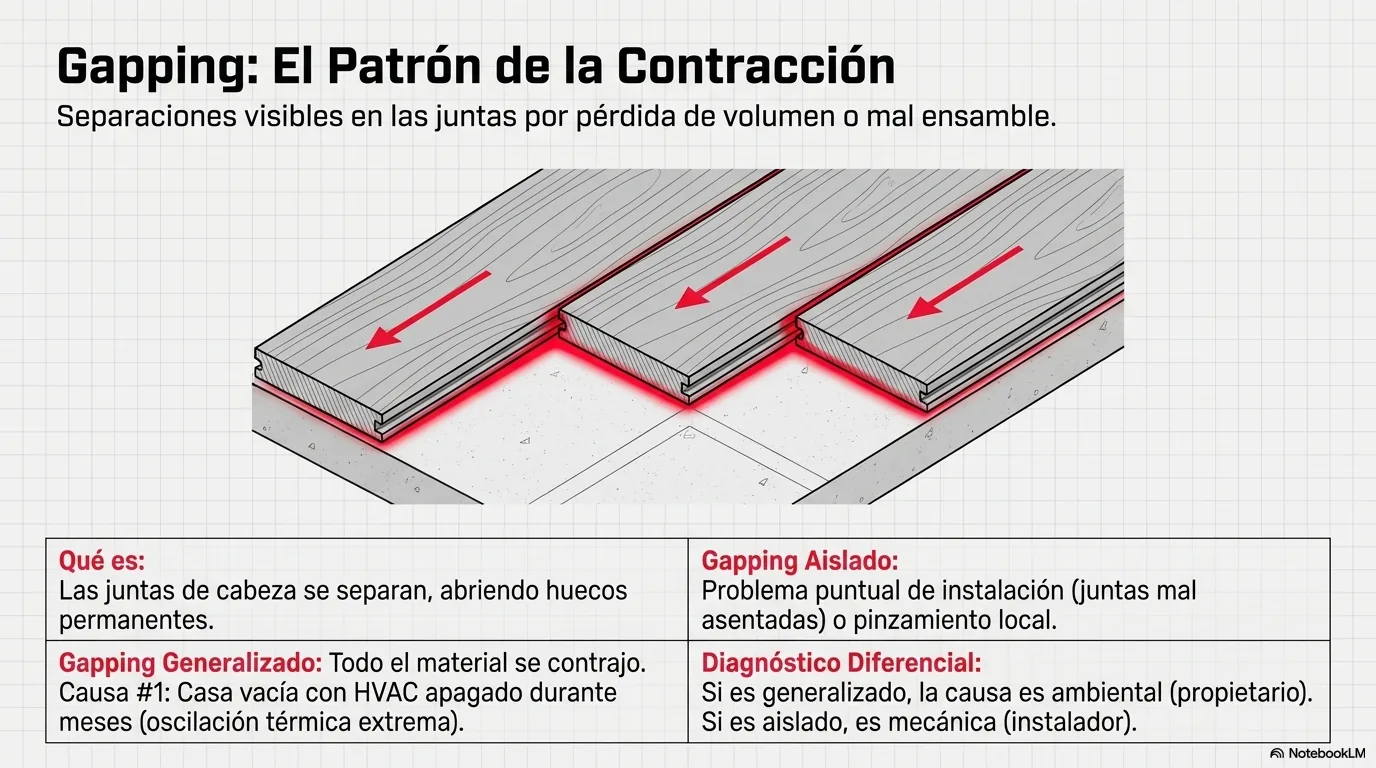 Diagrama del mecanismo del gapping: el material se contrae por frío o pérdida de humedad y las juntas de cabeza se separan.
