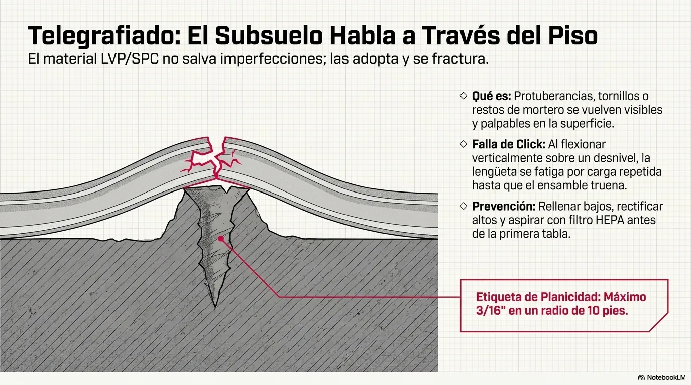 Diagrama del telegrafiado: el piso flexible se amolda a las imperfecciones del subsuelo y las reproduce en la superficie.