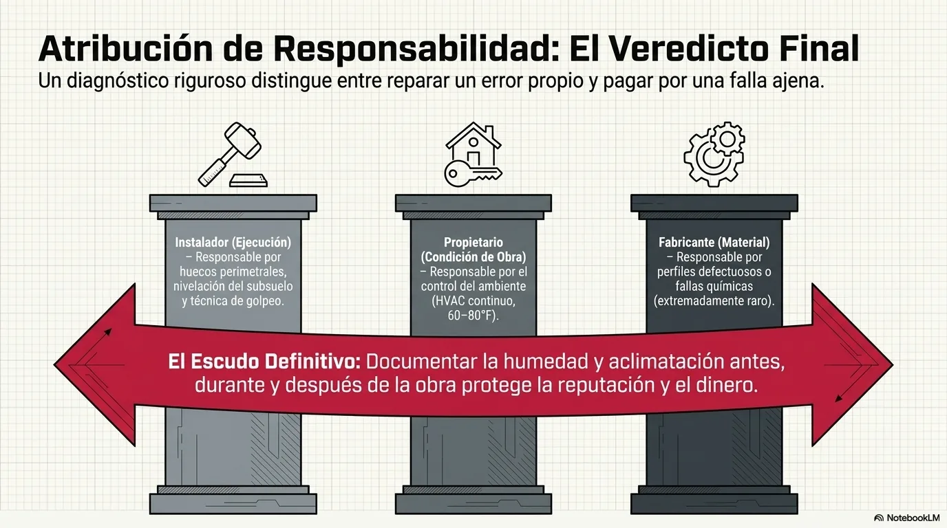 Infografía que muestra cómo el diagnóstico forense atribuye la responsabilidad entre instalador, fabricante y propietario, respaldado por la documentación.