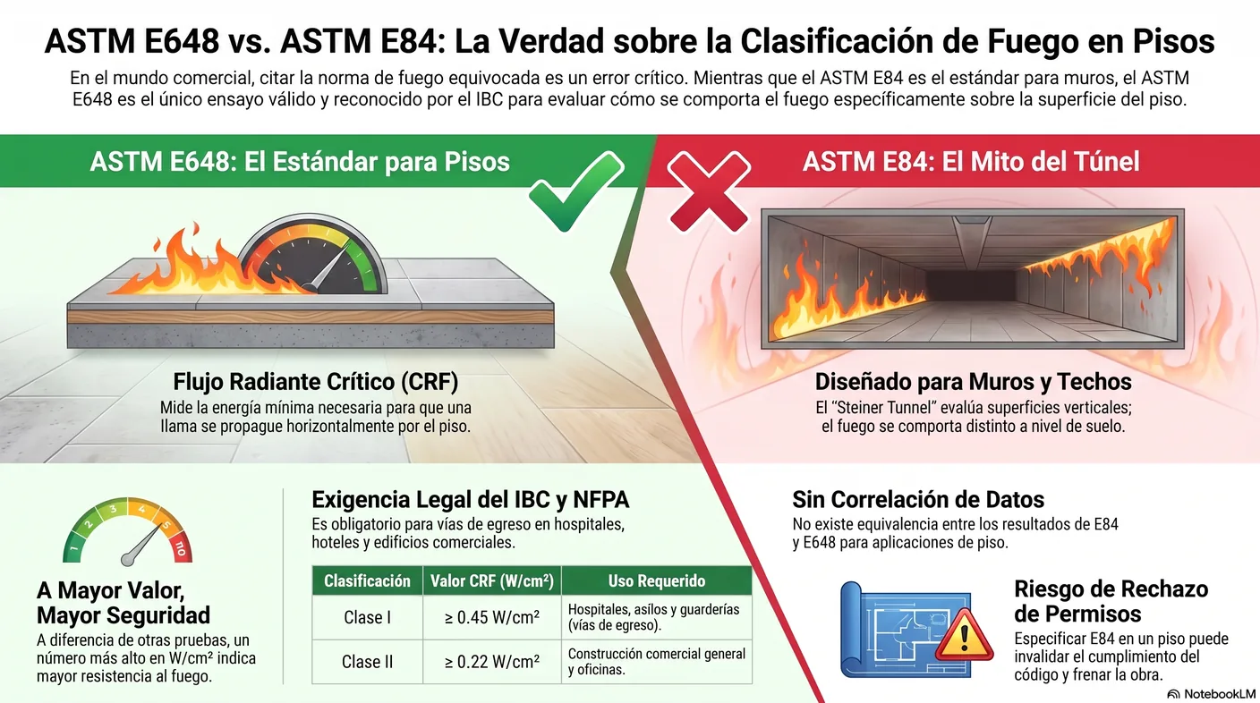 Diagrama que aclara que el piso se ensaya con ASTM E648, de flujo radiante, mientras la E84 es para muros y techos y no correlaciona con el piso.