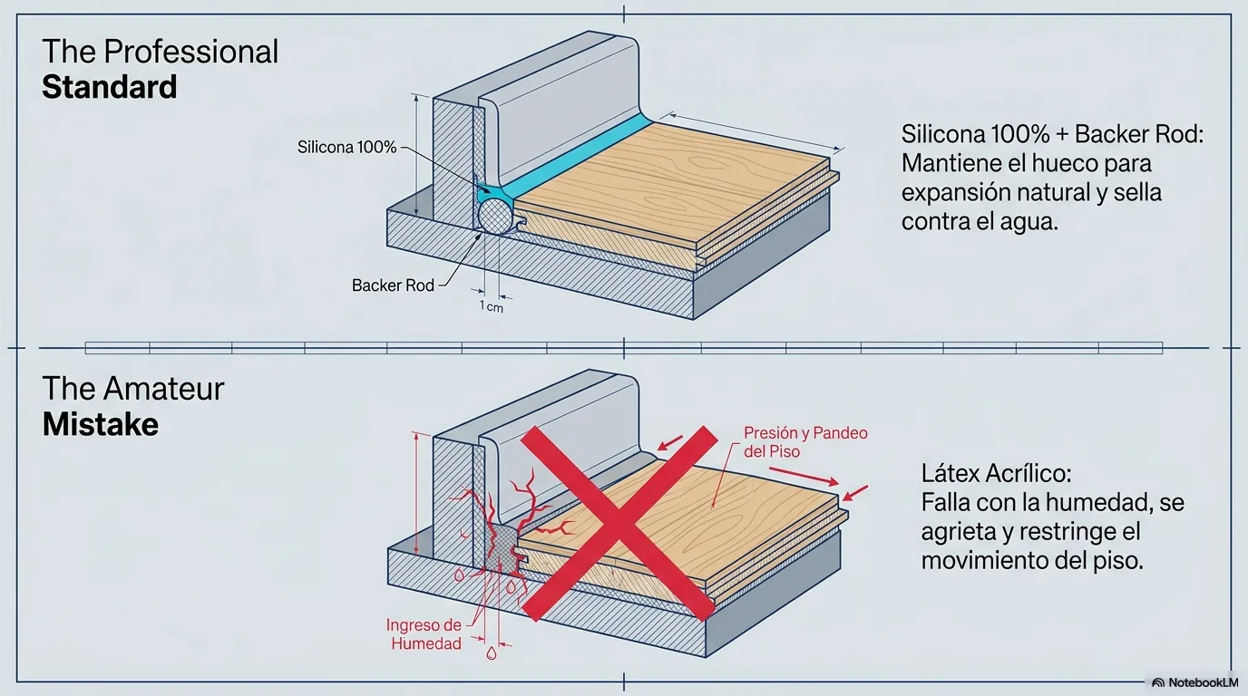 Diagrama del sellado perimetral con silicona cien por ciento, descartando los selladores de látex que fallan con la humedad.